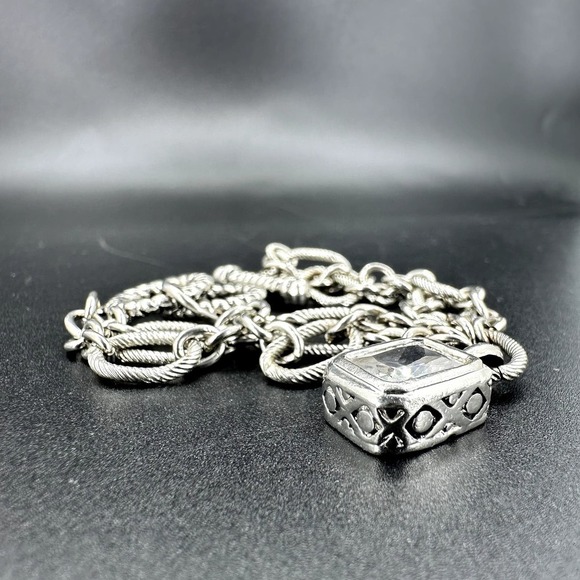 Dangle CZ Double Chain Bracelet Silver Tone Toggle Clasps - Picture 4 of 6